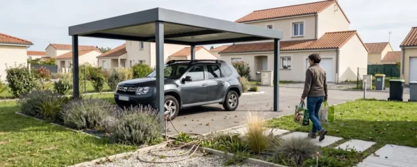 Carport en aluminium anthracite à toit plat monopente installé dans un jardin contemporain d'une maison pavillonnaire française