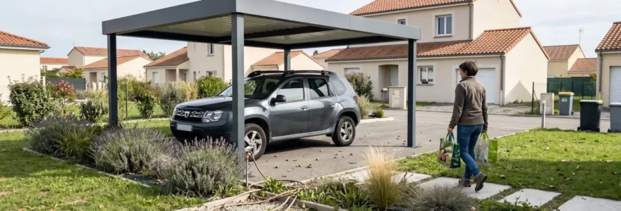 Carport en aluminium anthracite à toit plat monopente installé dans un jardin contemporain d'une maison pavillonnaire française