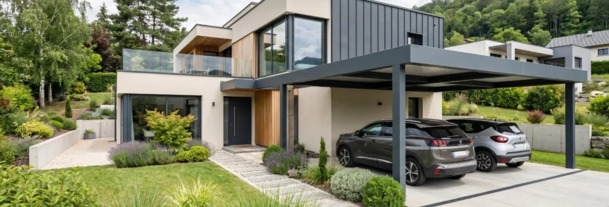 Carport aluminium toit plat monopente devant maison contemporaine avec jardin paysagé