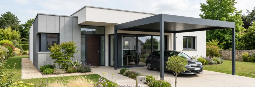 Carport aluminium toit plat monopente devant maison contemporaine avec jardin paysagé