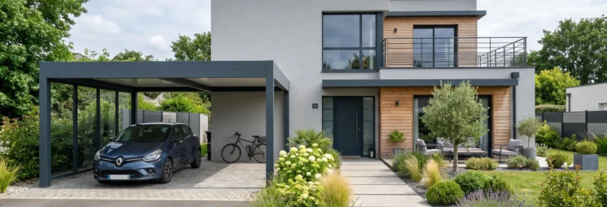 Carport aluminium toit plat monopente devant maison contemporaine avec jardin paysagé