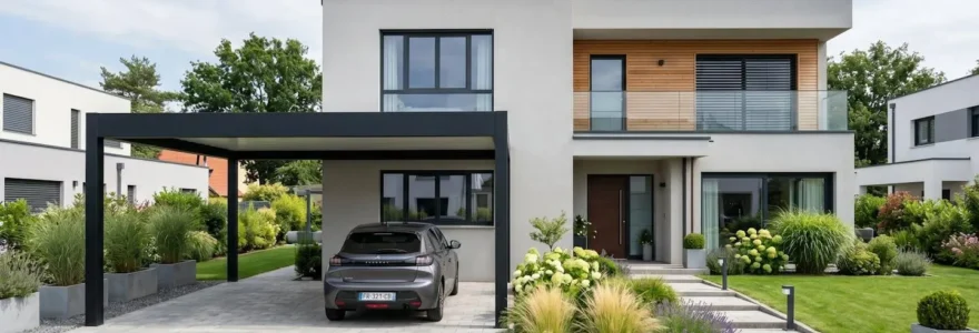 Carport aluminium toit plat monopente devant maison contemporaine avec jardin paysagé