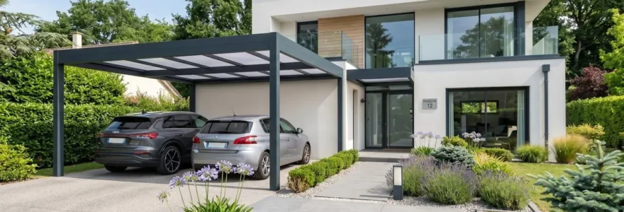 Carport aluminium toit plat monopente devant maison contemporaine avec jardin paysagé