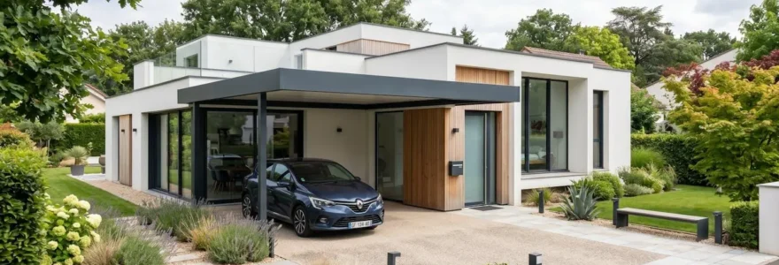 Carport aluminium toit plat monopente devant maison contemporaine avec jardin paysagé