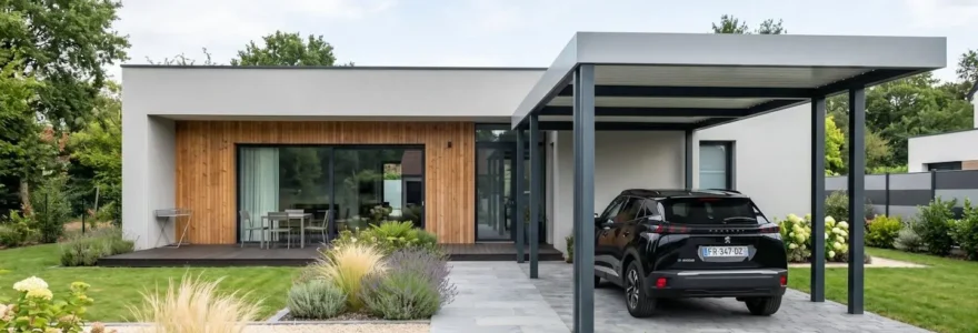Carport aluminium toit plat monopente devant maison contemporaine avec jardin paysagé
