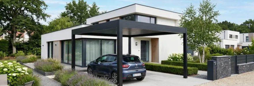 Carport aluminium toit plat monopente devant maison contemporaine avec jardin paysagé