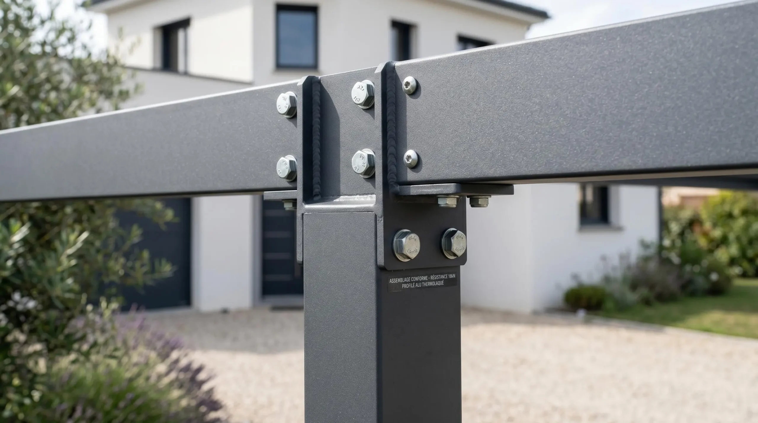 Détail jonction poteau et traverse aluminium thermolaqué d'un carport moderne