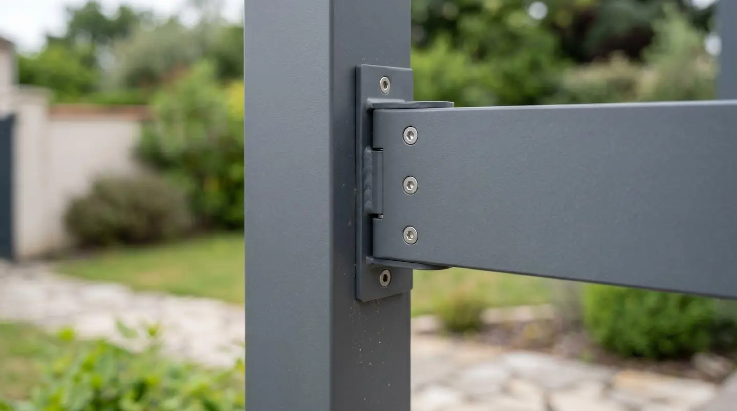 Détail jonction poteau et traverse aluminium thermolaqué d'un carport moderne