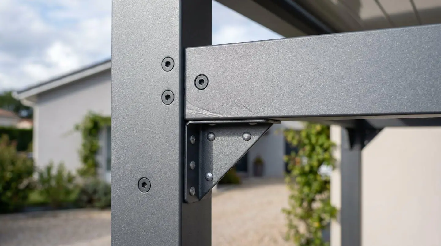 Détail jonction poteau et traverse aluminium thermolaqué d'un carport moderne