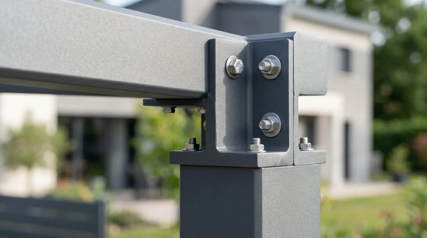 Détail jonction poteau et traverse aluminium thermolaqué d'un carport moderne