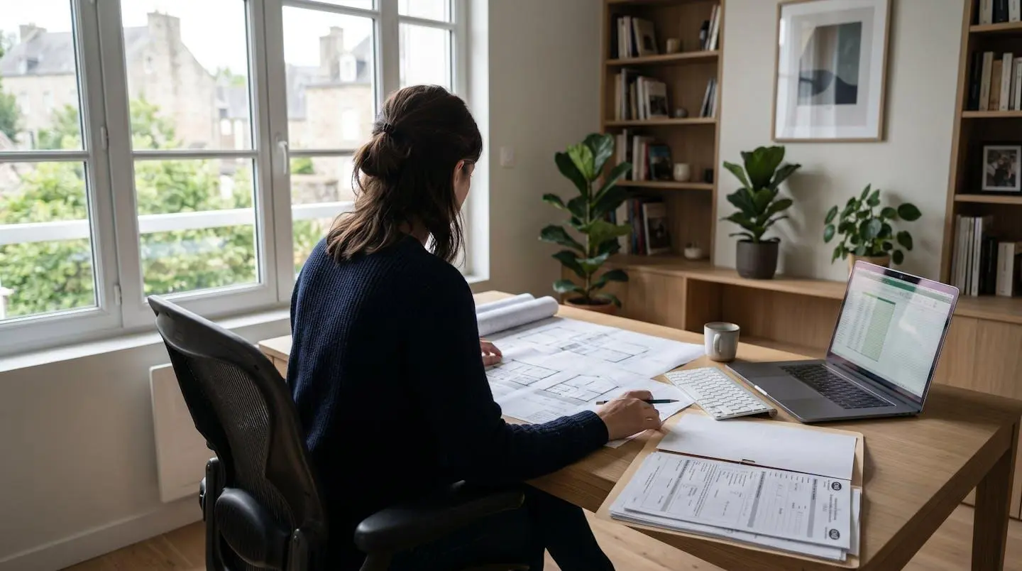 Personne consultant plans et formulaires administratifs pour déclaration préalable de travaux