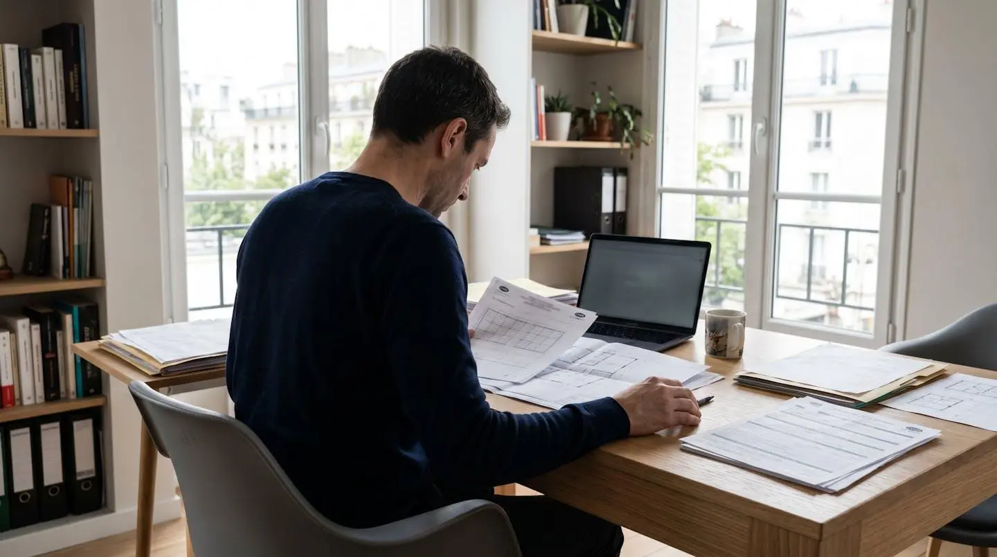 Personne consultant plans et formulaires administratifs pour déclaration préalable de travaux