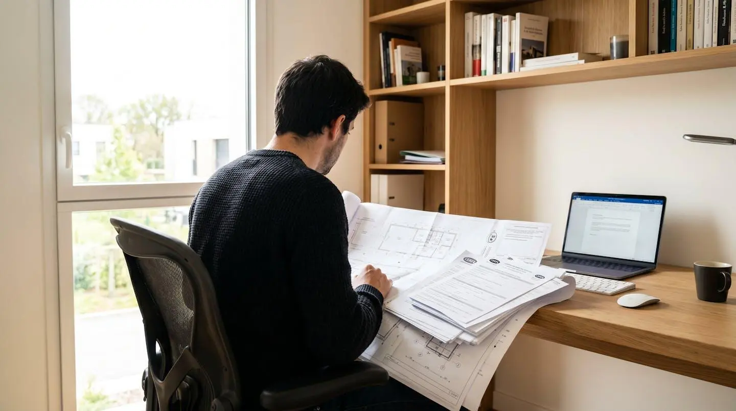 Personne consultant plans et formulaires administratifs pour déclaration préalable de travaux