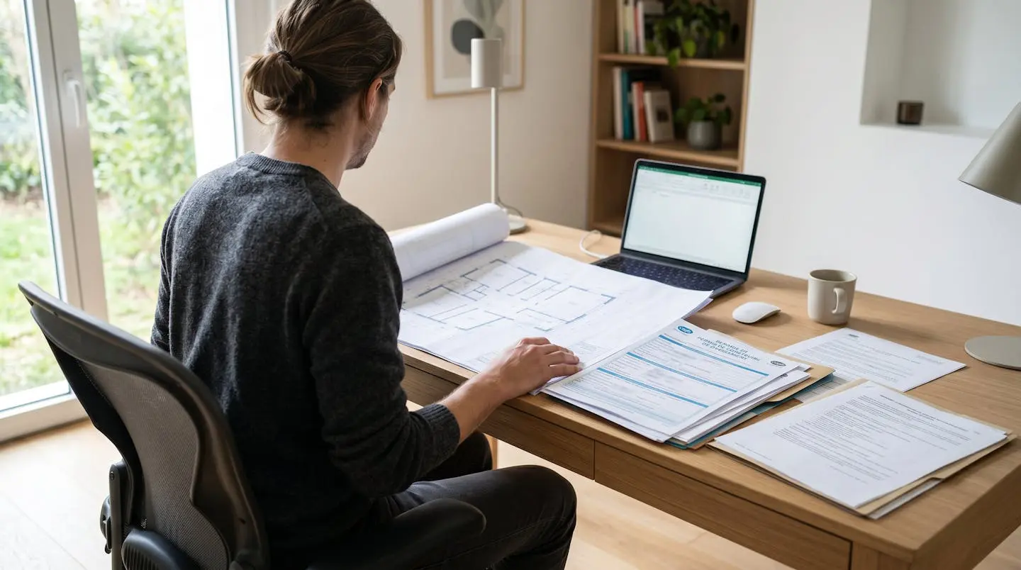 Personne consultant plans et formulaires administratifs pour déclaration préalable de travaux