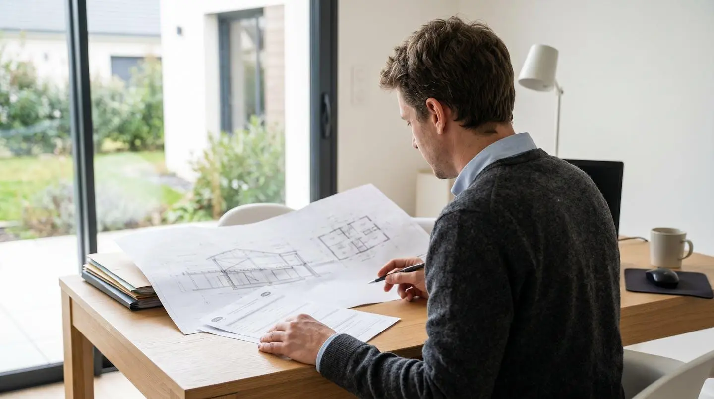 Personne consultant plans et formulaires administratifs pour déclaration préalable de travaux