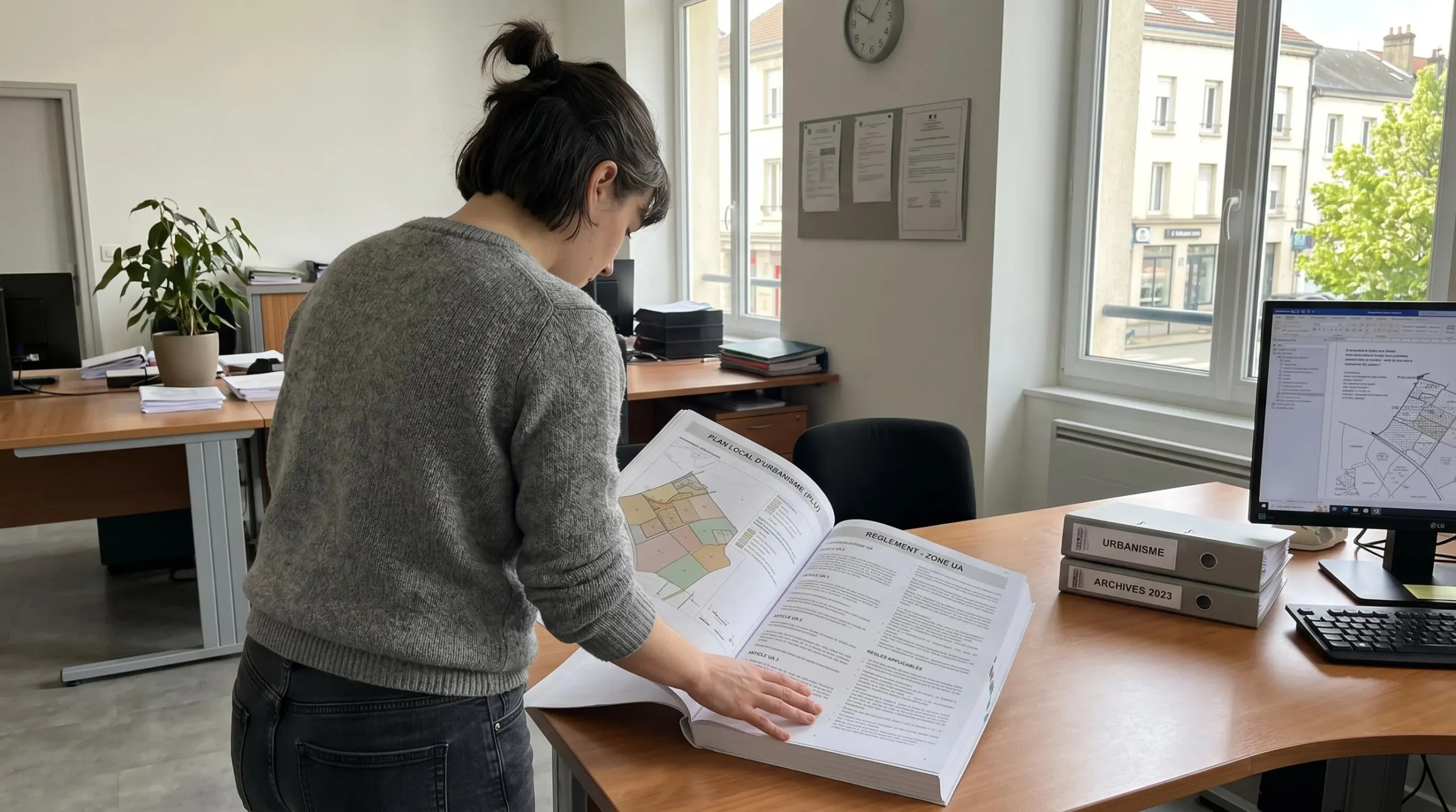 Une personne de dos consulte un document de Plan Local d'Urbanisme dans un bureau de mairie français